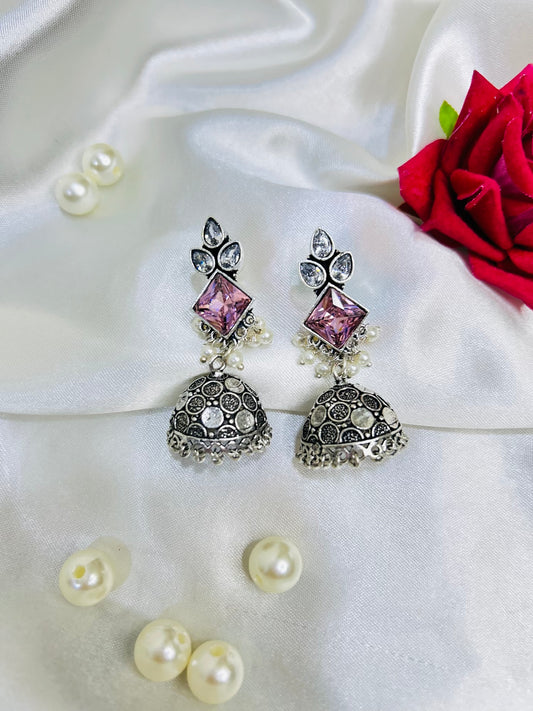 Rose Stone and Beads Oxidised Jhumka