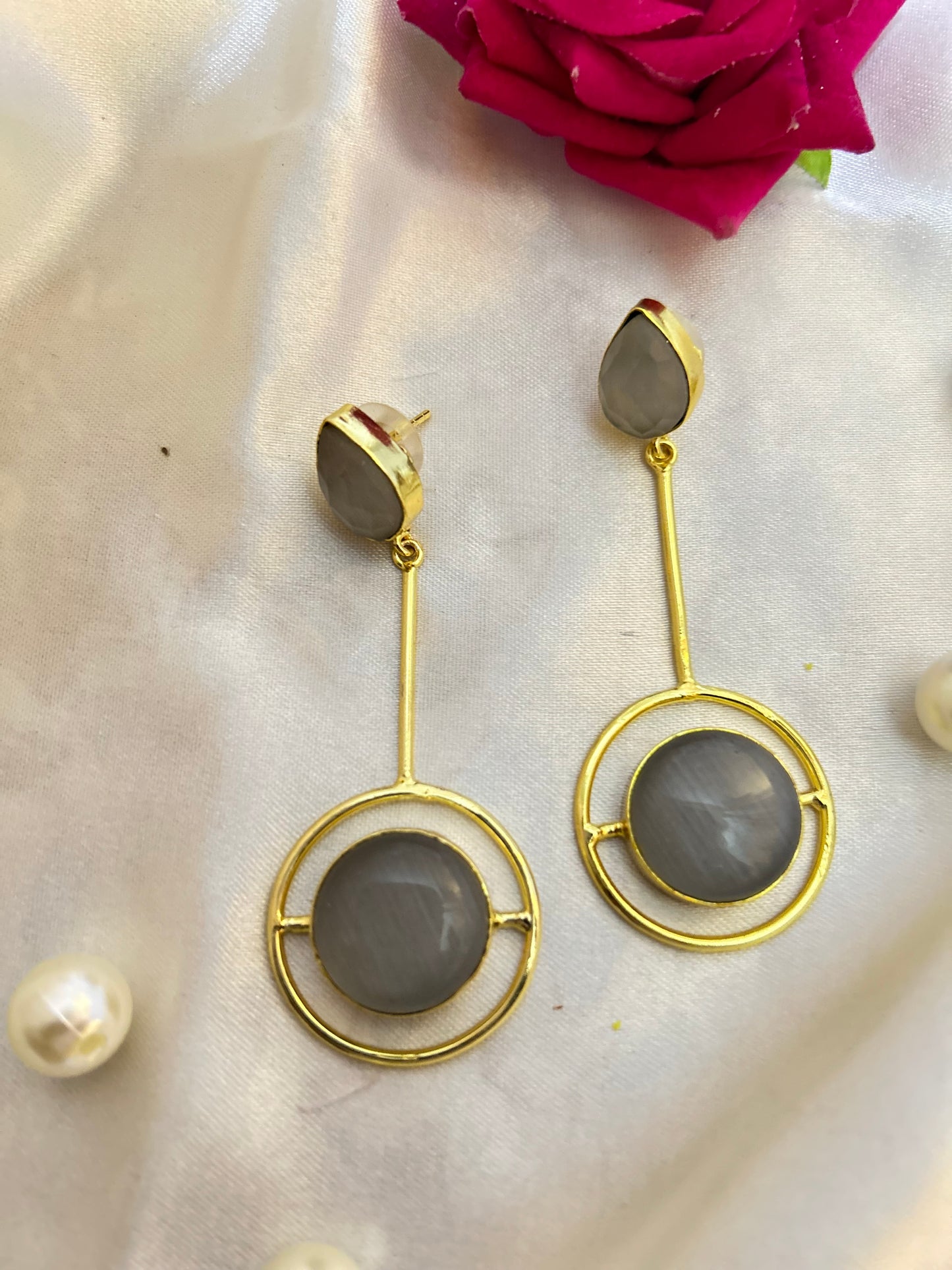 Stone Grey Gold Tone Earrings