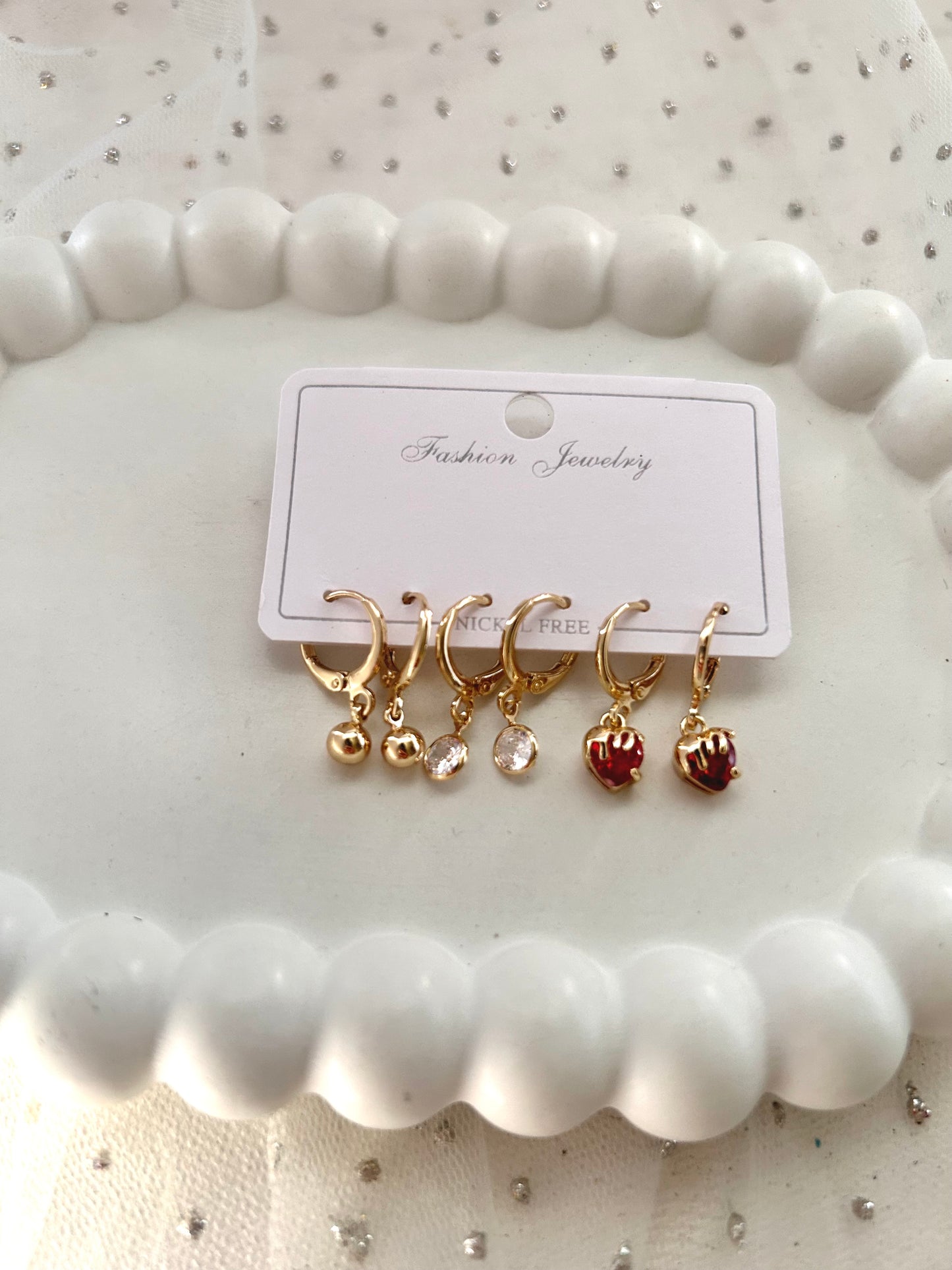 Combo 4 (Set of 3 Drop Earrings with Red Heart )