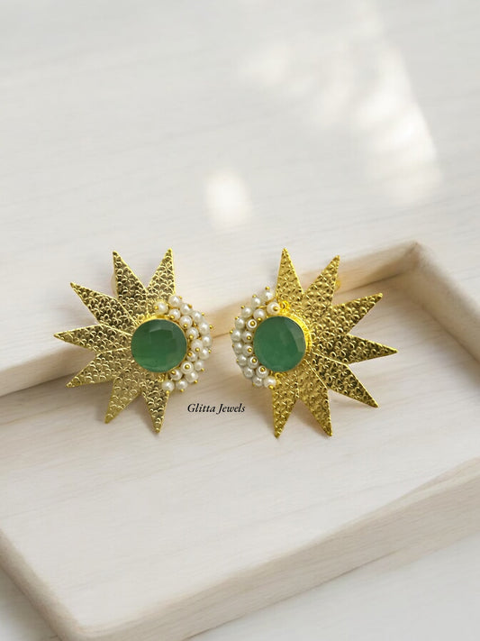 Emerald Green Gold Tone Motifs Earrings