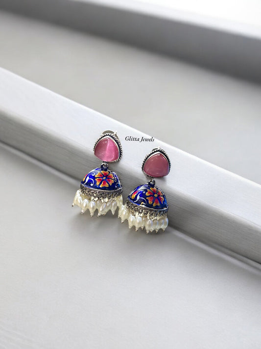 Pink and Blue Meenakari handwork Jhumka