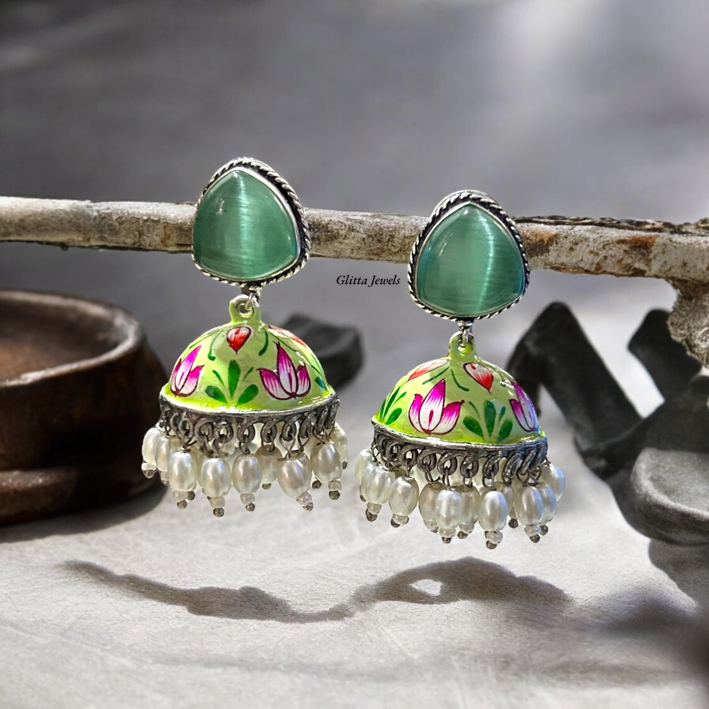 Green Meenakari Handwork Jhumka