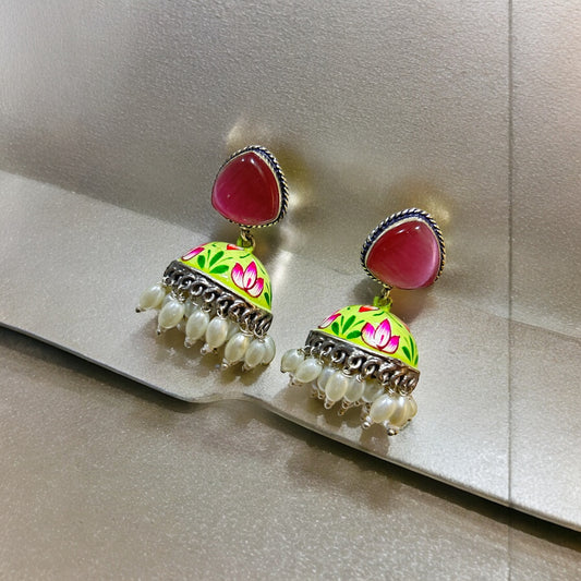 Pink and Green Meenakari Handwork Jhumka