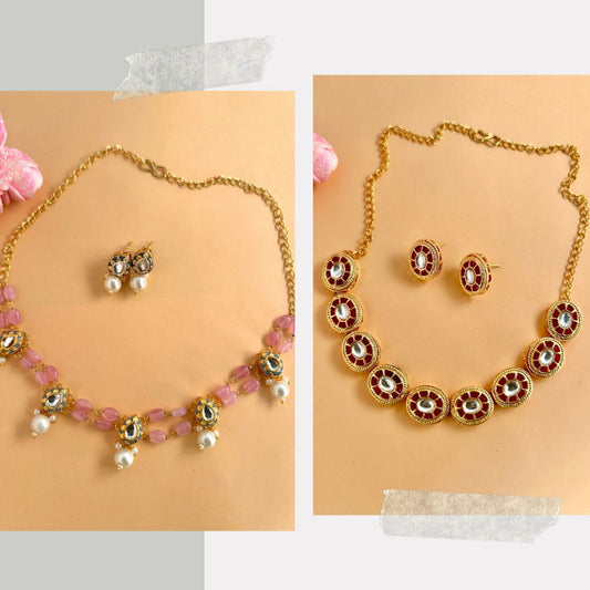 Combo 7 ( 2 Necklaces Light Pink & Grey Beaded Choker & Red Jadau Kundan Choker )